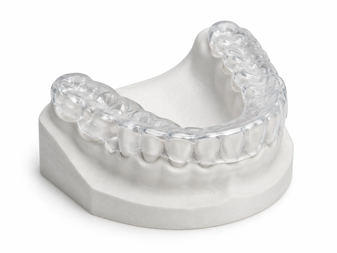 Guarda oclusal transparente sobre un modelo dental.
