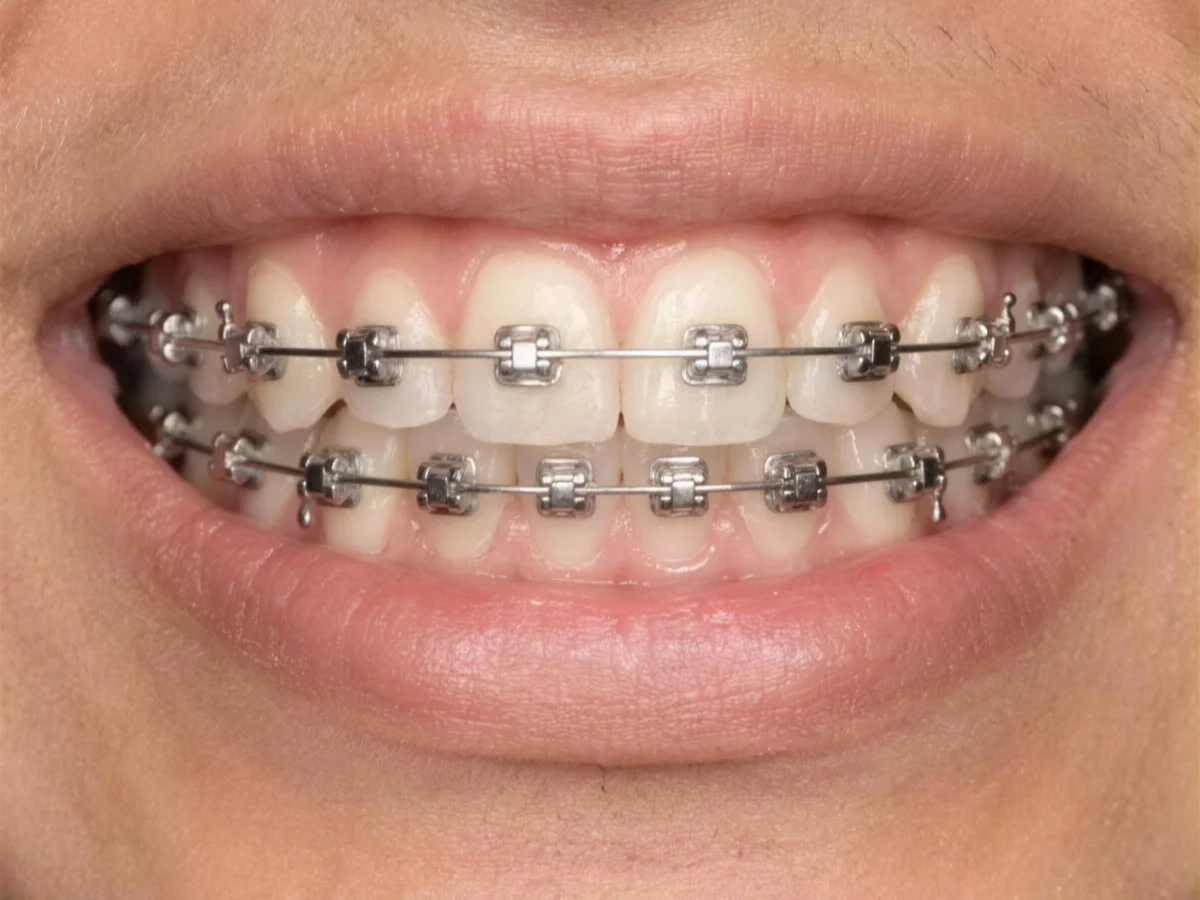 Sonrisa con brackets de autoligado metálicos, sin ligas.